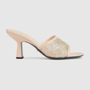 Gucci GG Monogram Demi Rhinestone Crystal Mesh Mules Heels Sandals Shoes